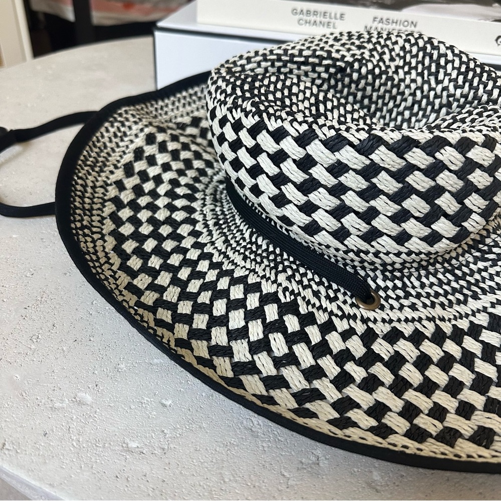 NWT BP straw sun hat black white with black chin tie resortwear beach - Picture 5 of 5